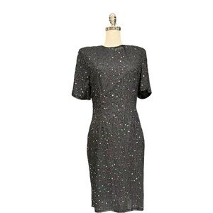 Vintage Stenay Black Beaded Sequin Silk Dress Size 10 NWT Deadstock Formal Party